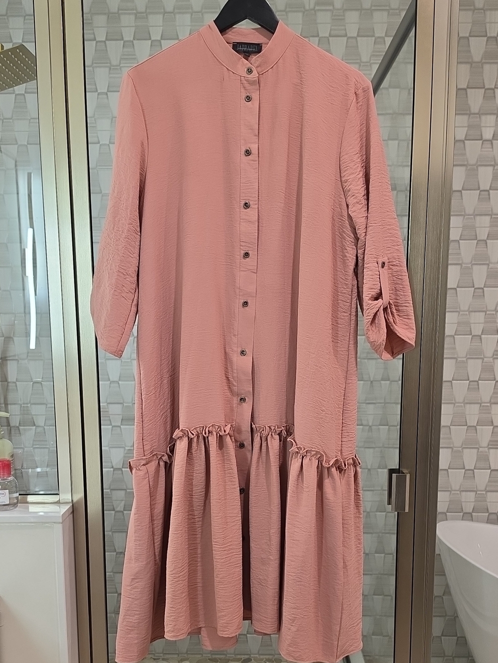 Mandarin-Collar Button-Front Midi Dress in Dusty Rose